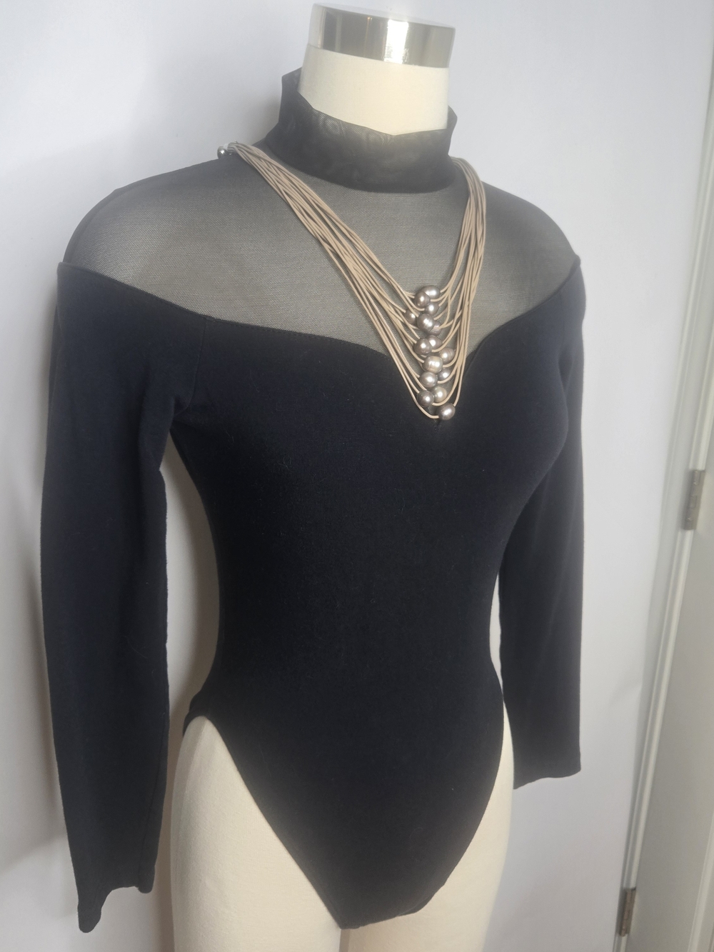Black Sheer Yoke Off-Shoulder Long Sleeve Bodysuit